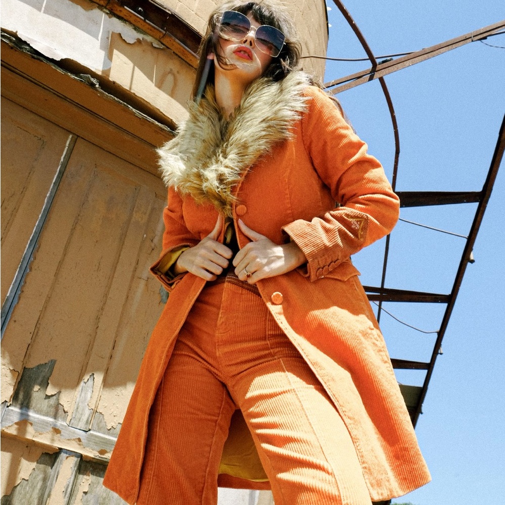Classic Rock Couture Cinnamon Girl Rust Corduroy Jacket with Faux Fur Collar